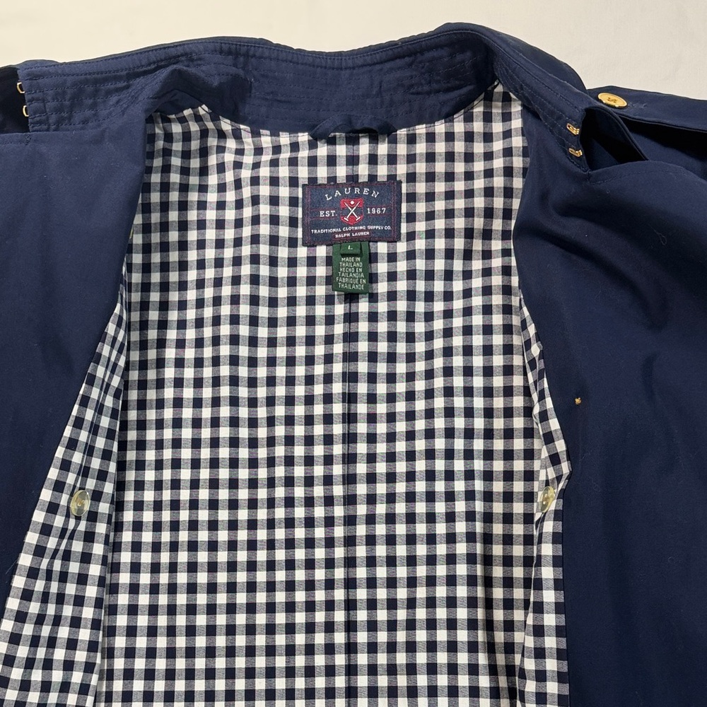 Lauren Ralph Lauren Navy Double-Breasted Belted Trench Coat Checkered Lining L - Picture 10 of 16